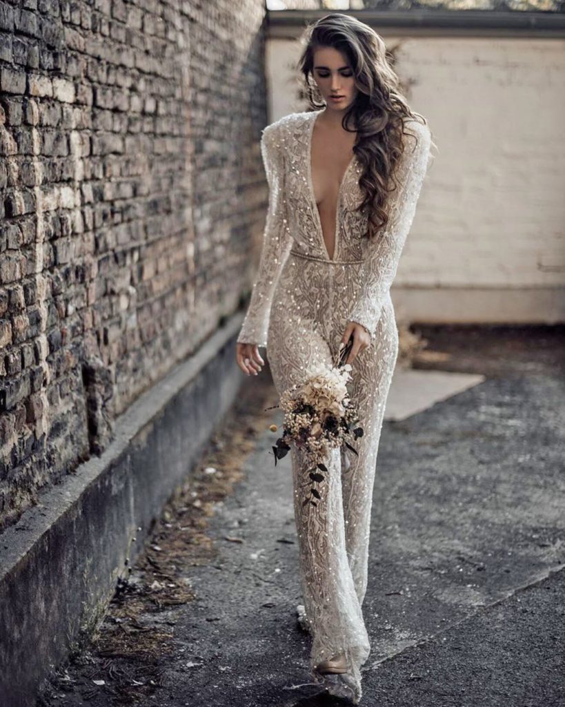 embellished long sleeve jumpsuit as bridal pantsuits and jumpsuits