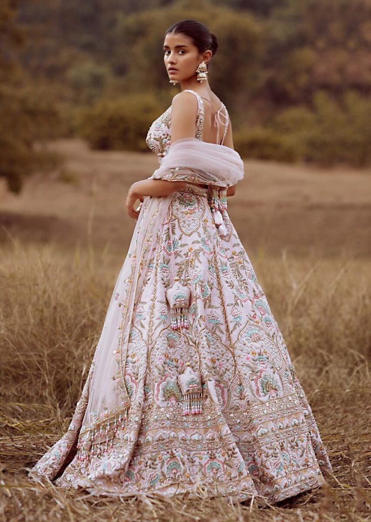 floral motif white bridal lehenga