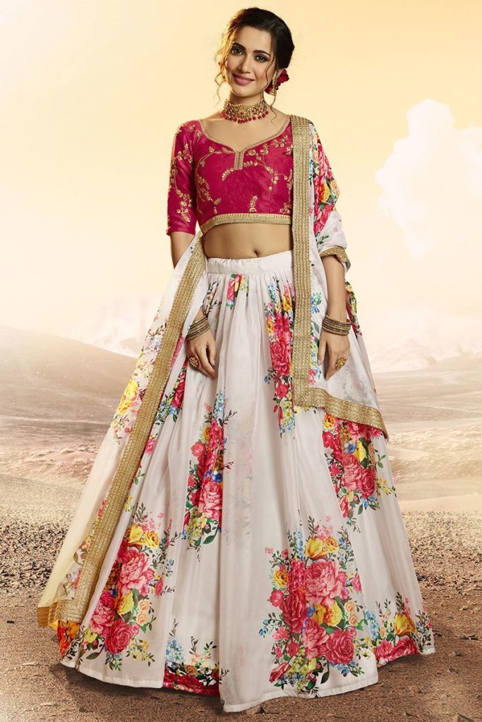 hand printed white floral lehenga design