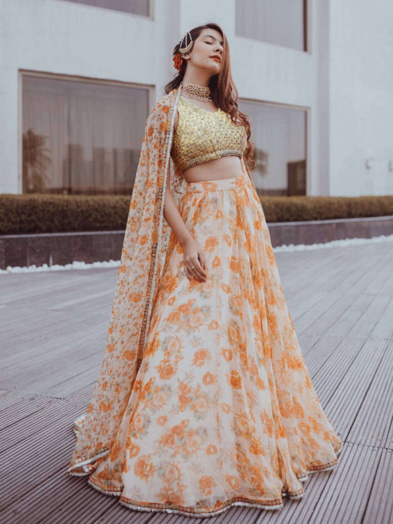 orange organza floral lehenga designs