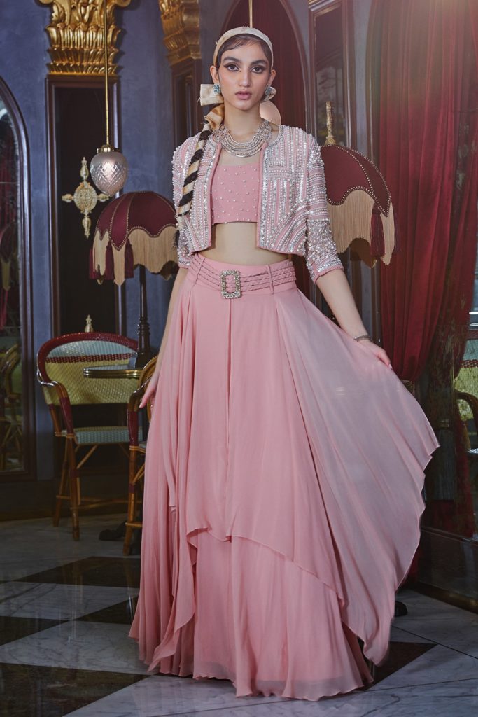 pink open front handkerchief jacket style lehenga