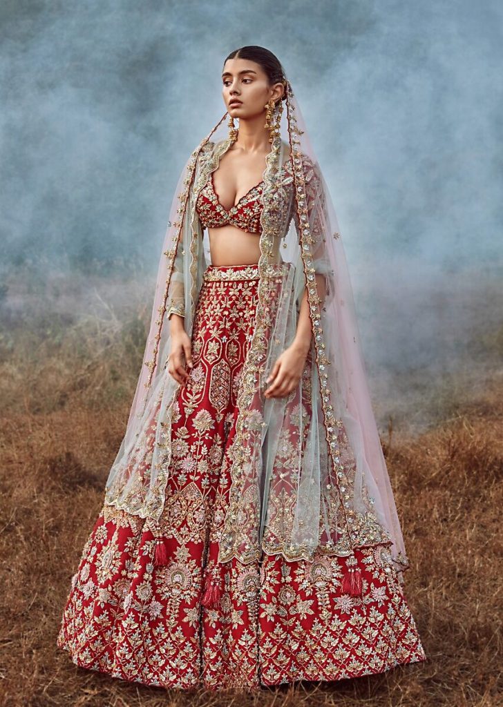 raw silk red and white floral lehenga designs