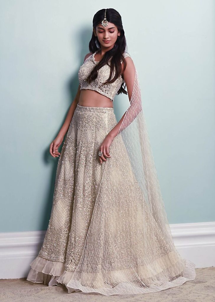 sequined net white bridal lehenga