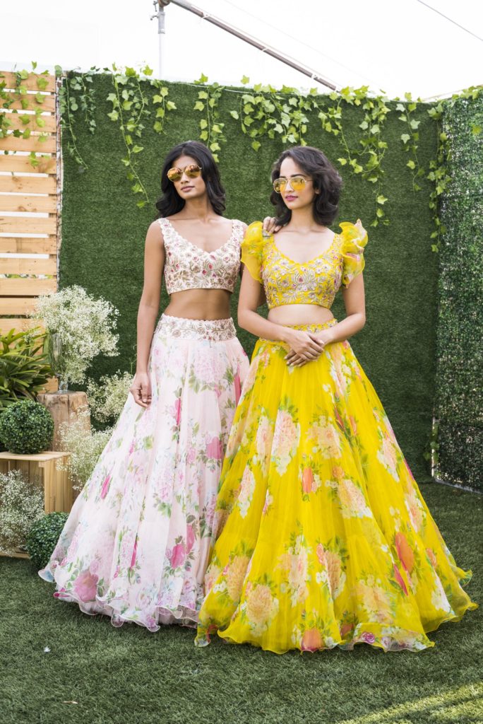 sheer net floral lehenga designs