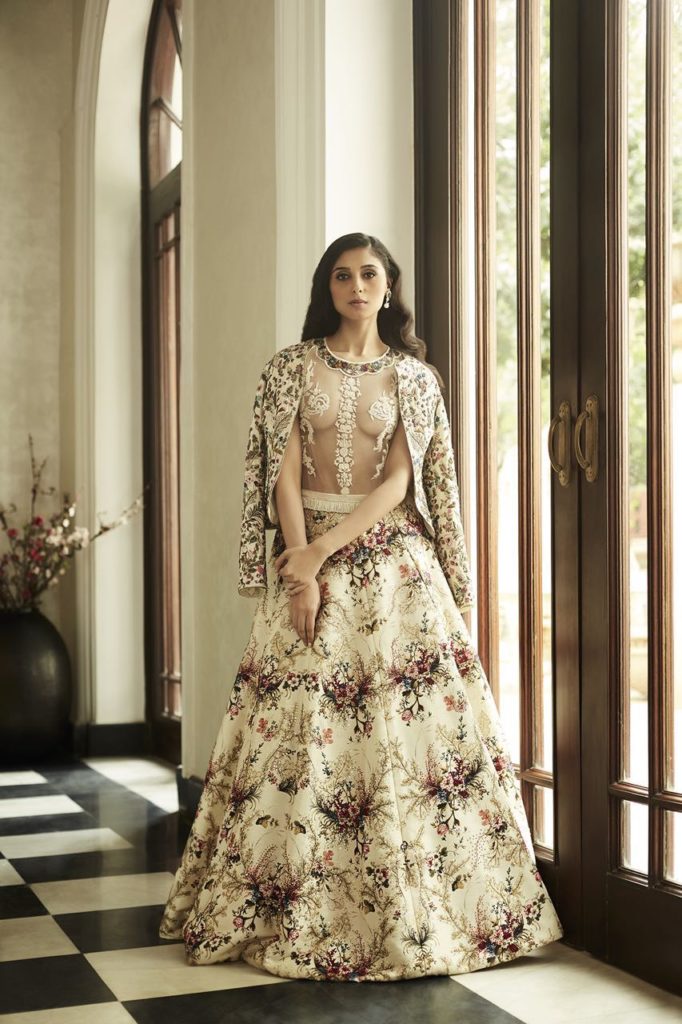 silk floral jacket style lehenga