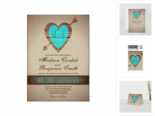 teal heart rustic wedding invitations