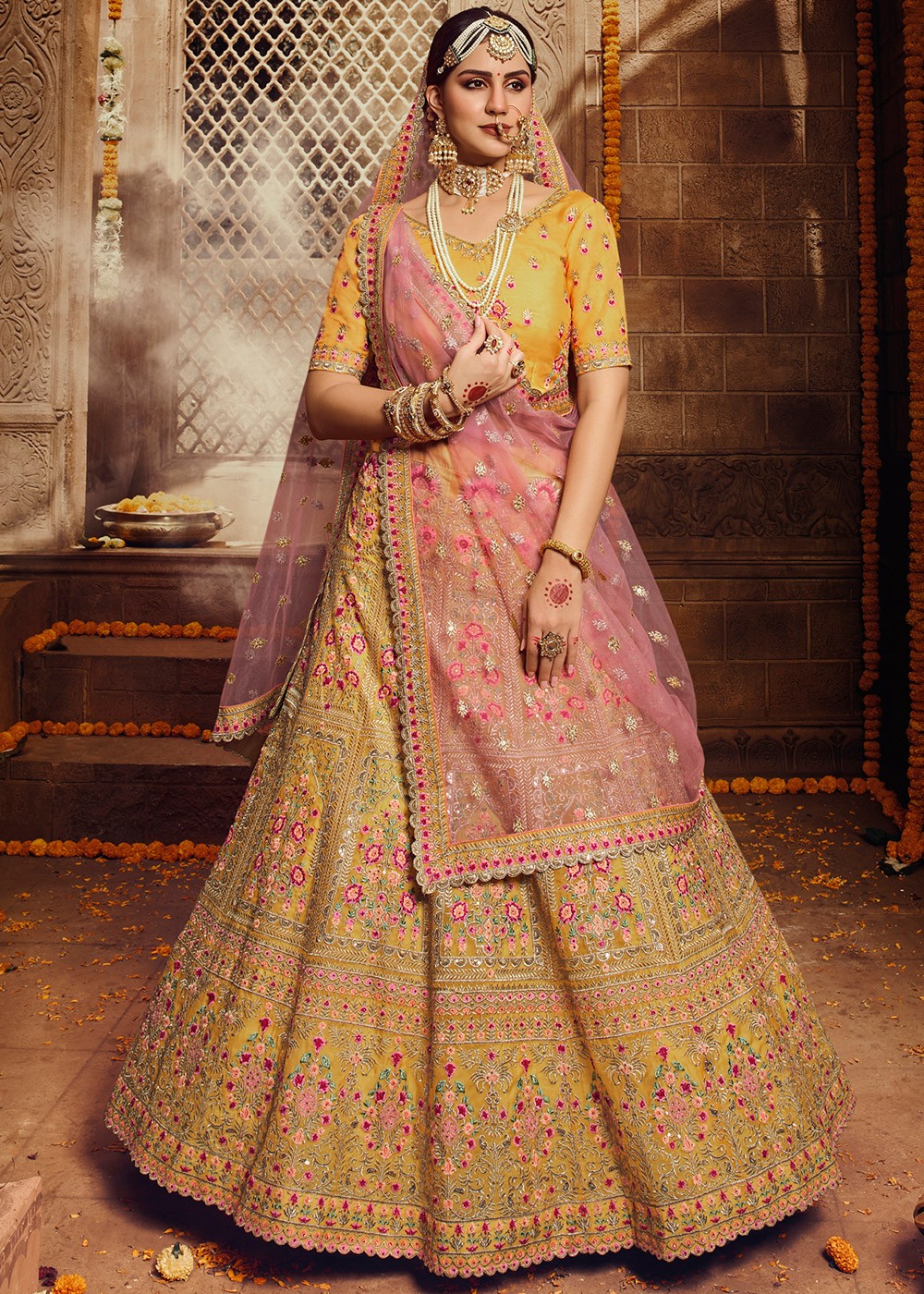 Yellow Bridal Lehenga With Double Dupatta