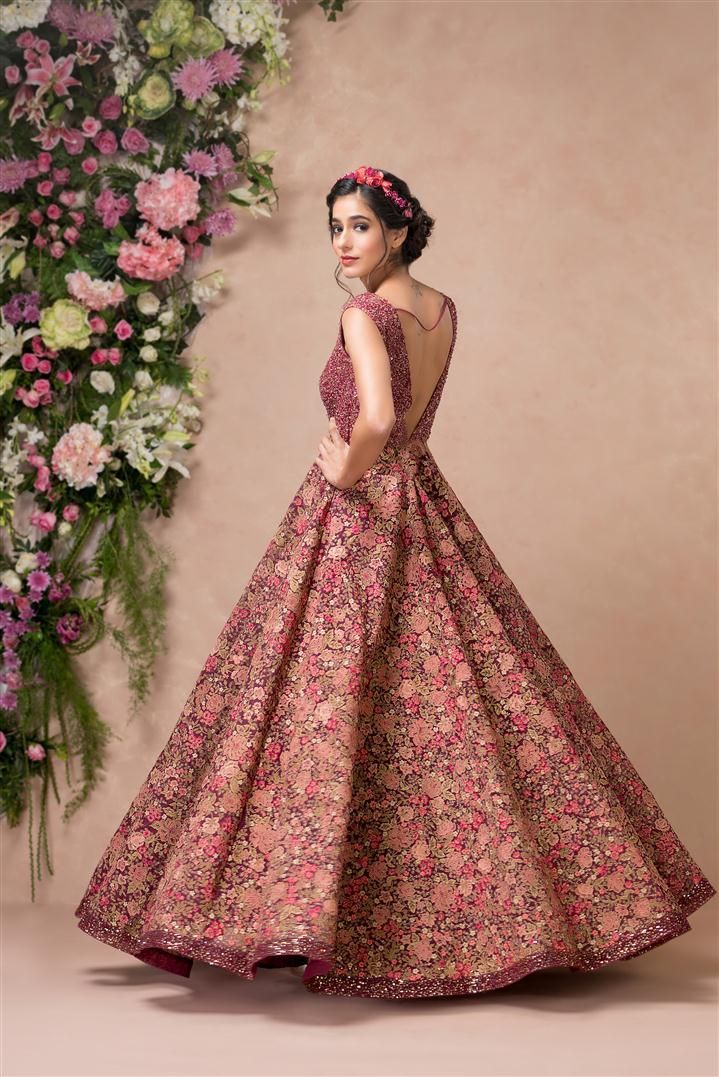 Floral print engagement gown for bride