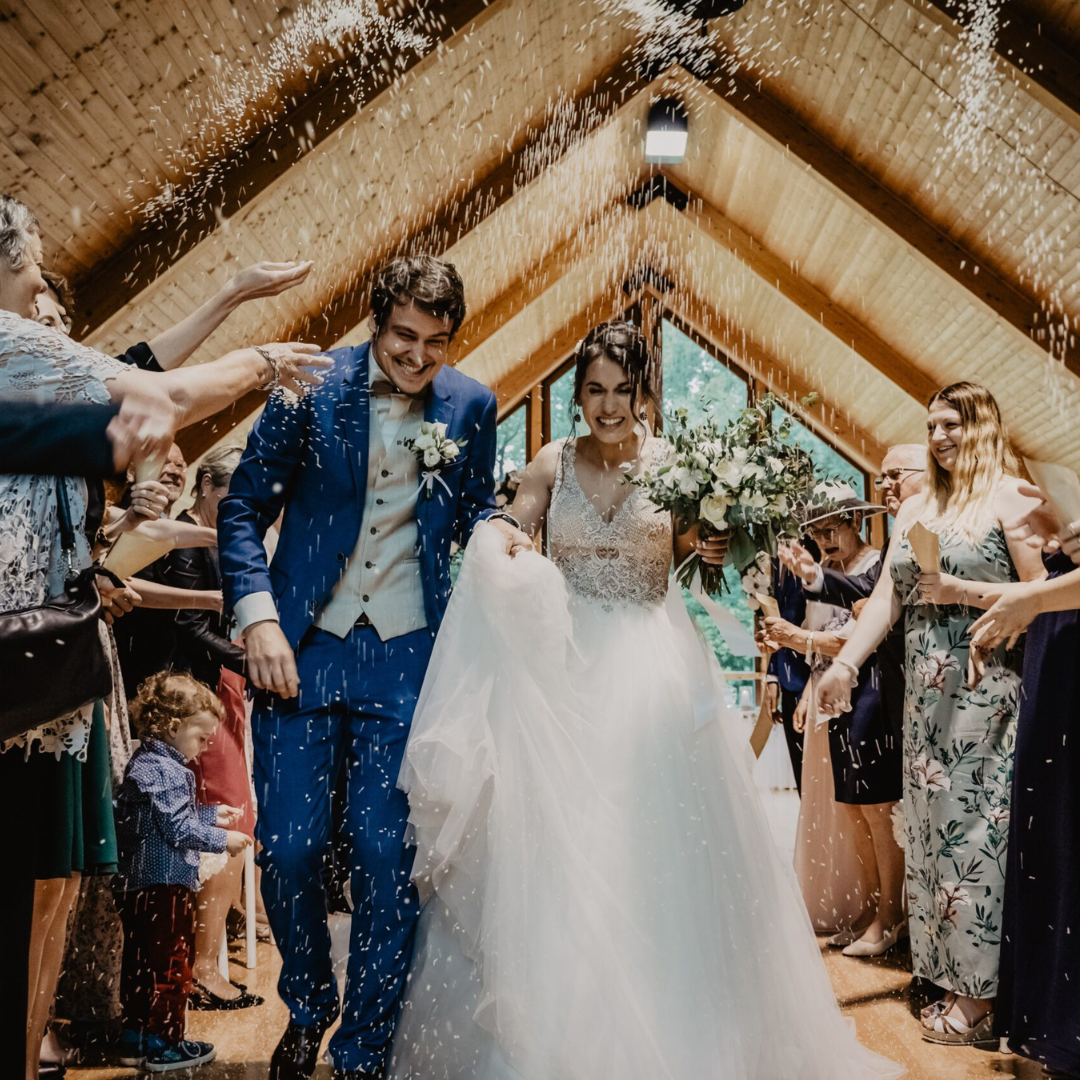 Couple giving speech on wedding reception