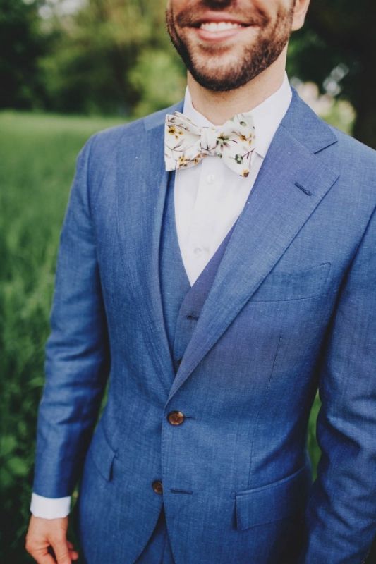 Blue Chambray Suit With White Floral Tie