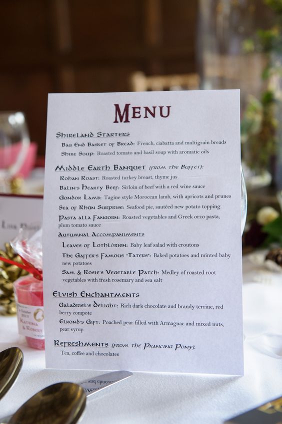 Lord of the Rings themed wedding - menu