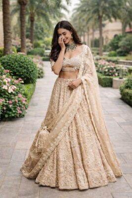 Bridal lehenga colours in beige with tone on tone embroidery for a subtle bridal look