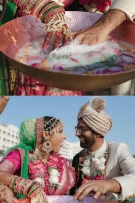 Couple playing ring finding game during fun post wedding rituals