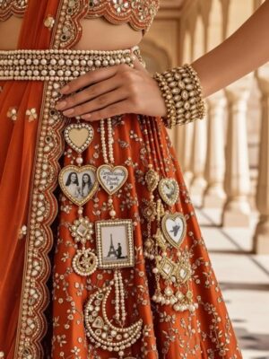 Close-up of bridal accessories with initials and wedding date engraving for personalized wedding ideas