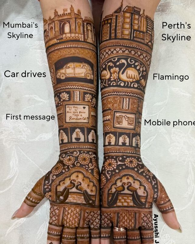 Bride showing intricate mehendi design with hidden love story elements
