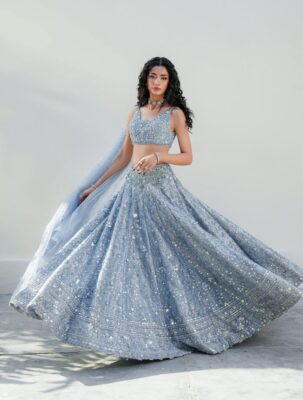 Bridal lehenga colours in powder blue with silver work for a fresh bridal style
