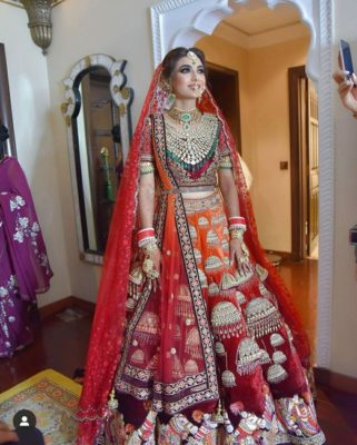 latkan embroidered royal red bridal lehenga