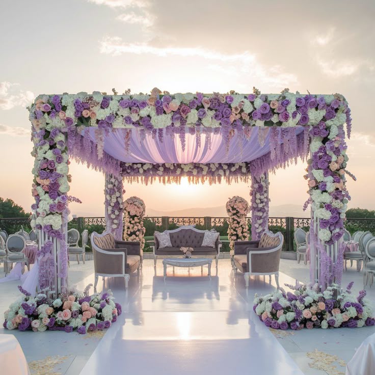 Mandap Decoration with White Drapes and Purple Flowers