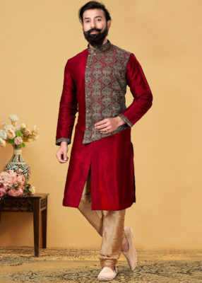 Mehendi Kurta for Groom with Embroidered Jacket