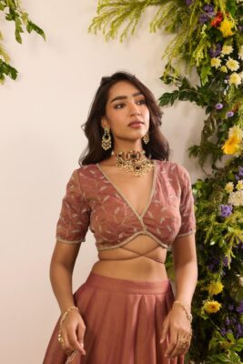 Trendy blouse designs wrap style blouse with underbust cut out