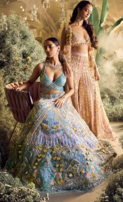 wedding guests outfits in pastel lehenga for daytime wedding