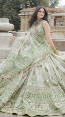 Bridal lehenga colours in sage green with minimal zari work for an elegant aesthetic
