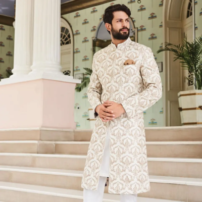 Mandarin off white sherwani for groom