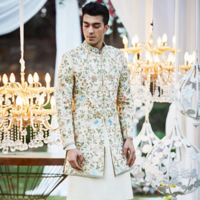 floral bandhgana white sherwani for groom