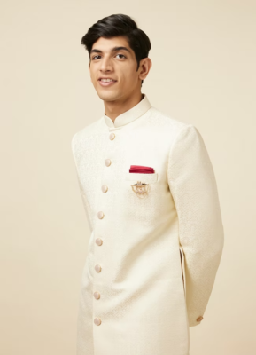 Light Cream Self Design Manyavar Mohey white Sherwani for groom