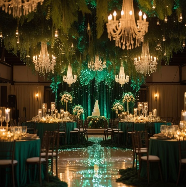 Emerald Green & Champagne wedding decor 