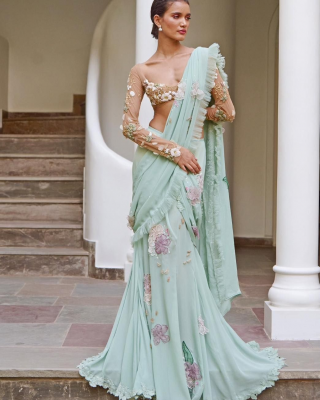 Mehendi function saree in bright colors and prints