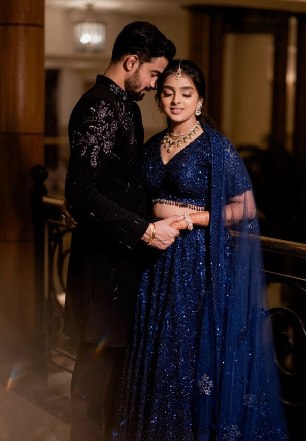 wedding dress combination for bride and groom with elegant evening look