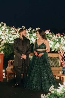 wedding dress combination for bride and groom with stylish reception outfits