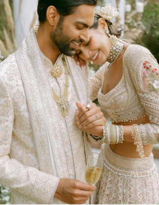 bride and groom outfit matching with minimal and classy styling