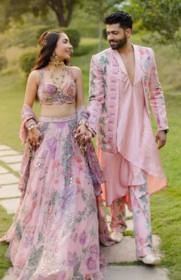 bride and groom matching outfits for sangeet function styling ideas