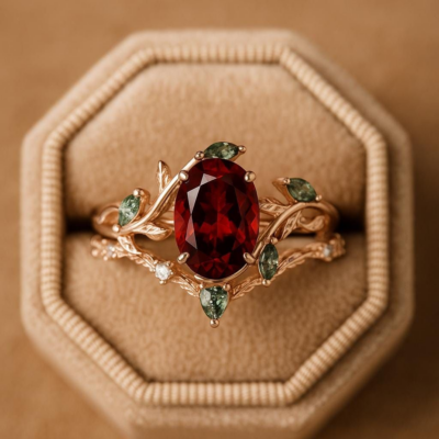 Garnet engagement ring ideas for January birthstone in gold setting
